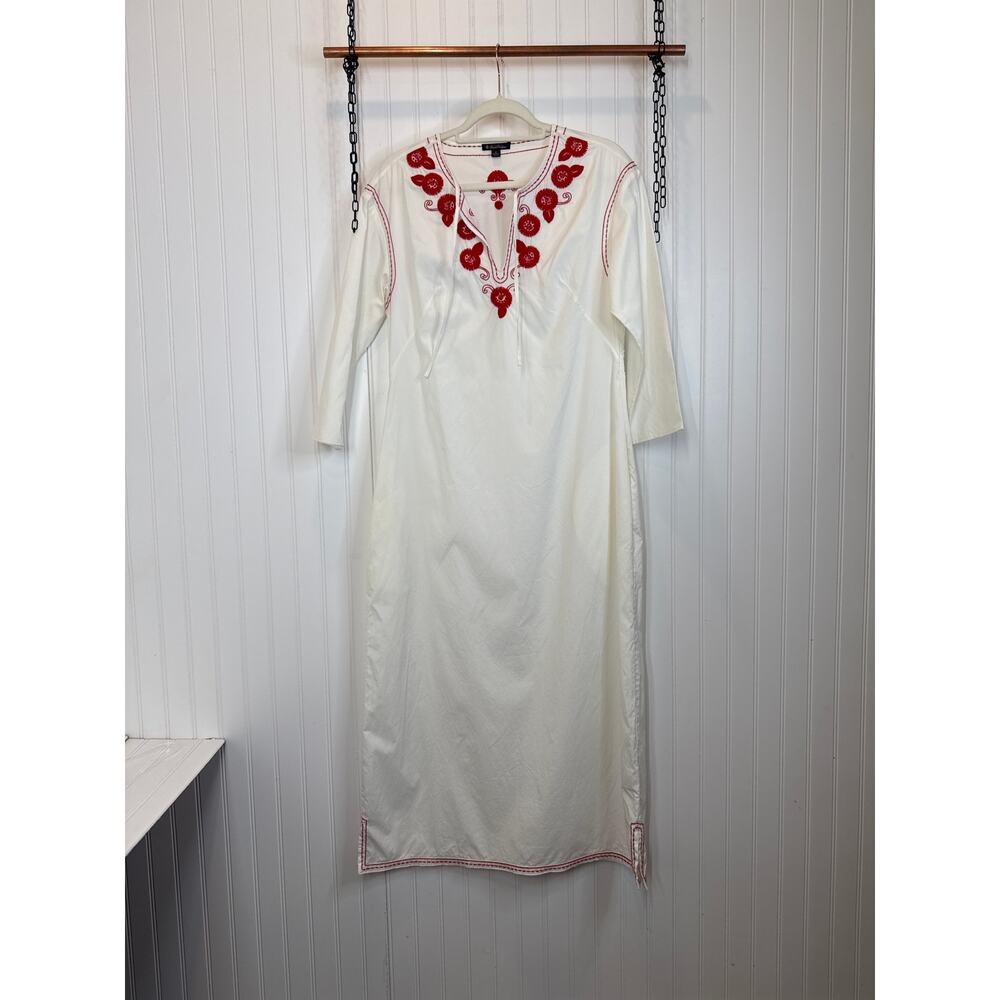 Brooks Brothers White Embroidered Midi Shift Dress Tie Neck Casual Beachy Size 4